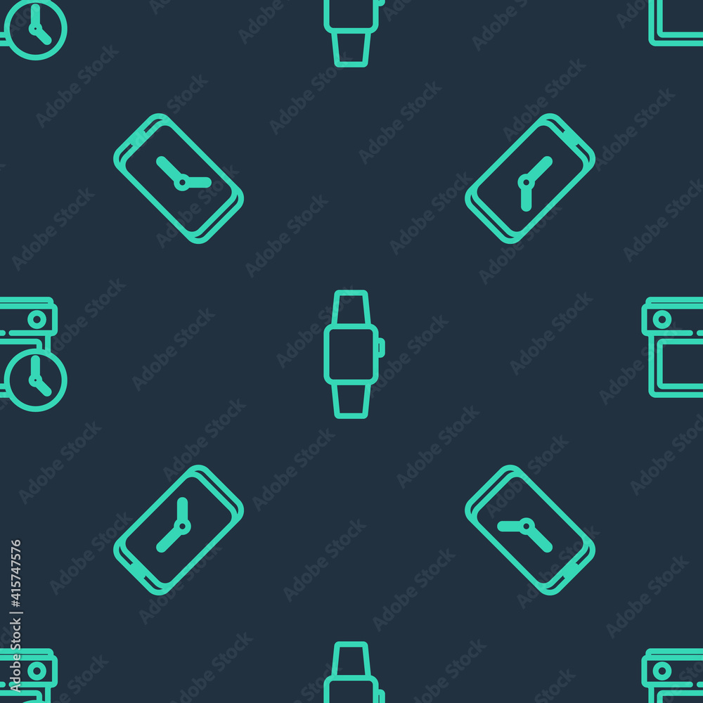 Set line Smartwatch, Alarm clock app mobile and Calendar and on seamless pattern. Vector. Set line Smartwatch, Alarm clock app mobile and Calendar and on seamless pattern. Vector.