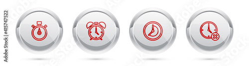 Set line Stopwatch, Alarm clock, Clock and delete. Silver circle button. Vector.