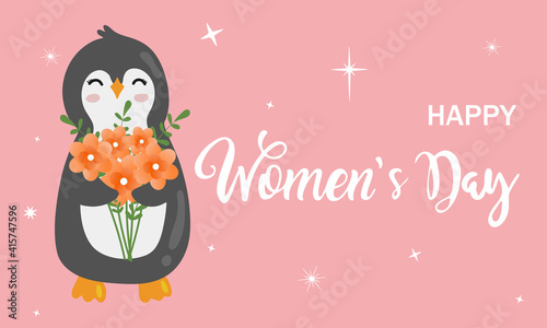 Cute cartoon penguin with bouquet. Happy Women's day greeting card. Vector illustration.