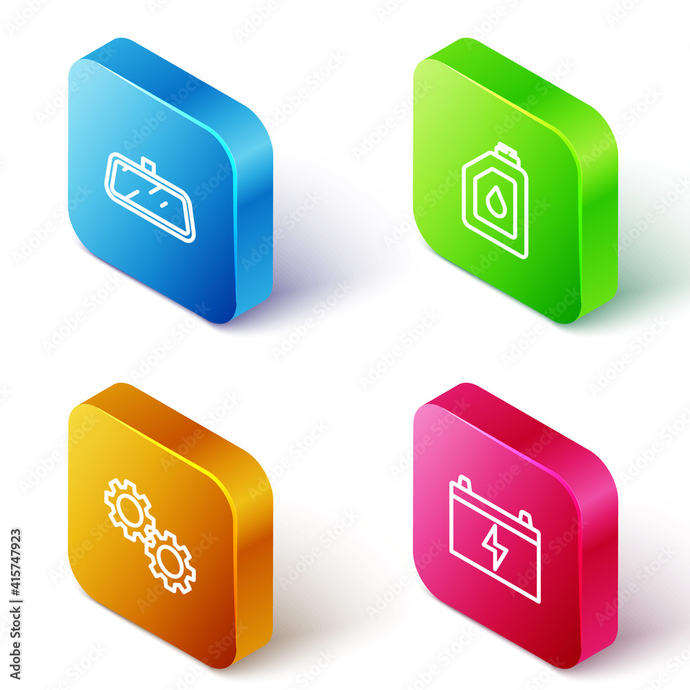 Set Isometric line Car mirror, Canister for motor oil, Gear and battery icon. Vector.