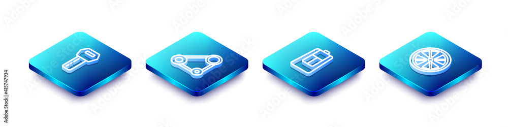 Set Isometric line Car key with remote, Timing belt kit, and Alloy wheel icon. Vector. Set Isometric line Car key with remote, Timing belt kit, and Alloy wheel icon. Vector.