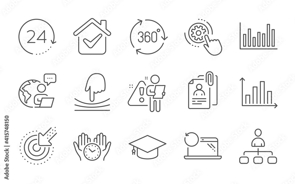 Interview documents, 24 hours and Diagram graph line icons set. Recovery laptop, Targeting and Cogwheel settings signs. Elastic, Safe time and Graduation cap symbols. Line icons set. Vector Interview documents, 24 hours and Diagram graph line icons set. Recovery laptop, Targeting and Cogwheel settings signs. Elastic, Safe time and Graduation cap symbols. Line icons set. Vector