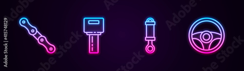 Set line Car chain, key with remote, Shock absorber and Steering wheel. Glowing neon icon. Vector.