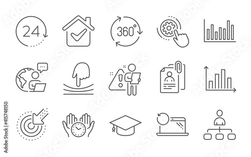 Interview documents, 24 hours and Diagram graph line icons set. Recovery laptop, Targeting and Cogwheel settings signs. Elastic, Safe time and Graduation cap symbols. Line icons set. Vector