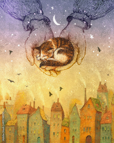 A sleeping cat seeing a dream about an old city. Hand painted illustration.