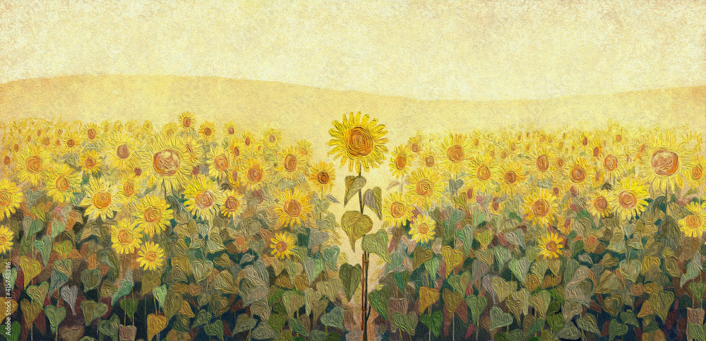 A field of sunflowers. Oil painting texture. - obrazy, fototapety, plakaty 