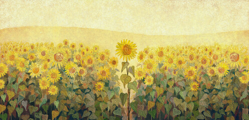 Acrylglasbilder Orange A field of sunflowers. Oil painting texture.  © Juliautumn