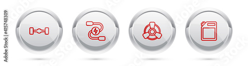 Set line Chassis car, Car battery jumper power cable, motor ventilator and Canister for gasoline. Silver circle button. Vector.