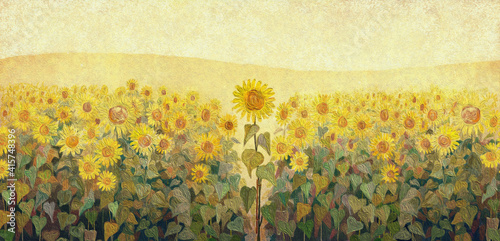 A field of sunflowers. Oil painting texture.