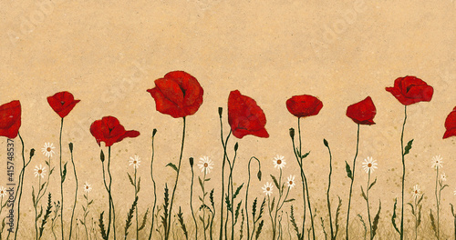 A seamless pattern with poppies and chamomile