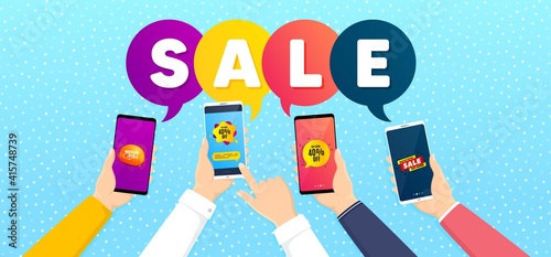 Sale bubble, Special offer and Sale shape promo label set. Banner with mobile phones in hands. Discount banner, Label tag, Liquid banner. Promotional tag set. Vector