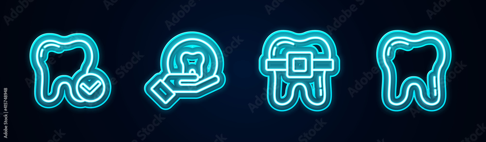 Set line Tooth whitening concept, , Teeth with braces and . Glowing neon icon. Vector. Set line Tooth whitening concept, , Teeth with braces and . Glowing neon icon. Vector.