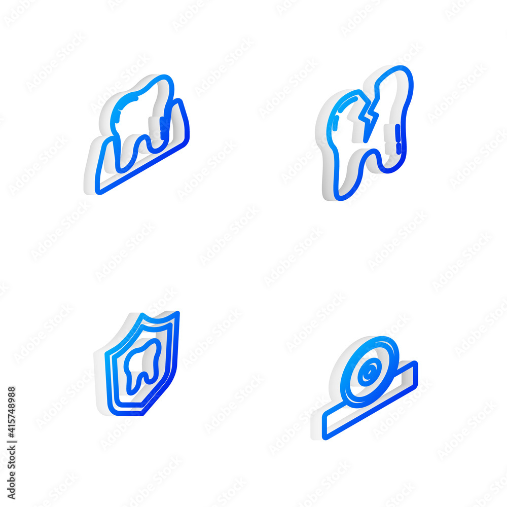 Set Isometric line Broken tooth, Tooth, Dental protection and Otolaryngological head reflector icon. Vector. Set Isometric line Broken tooth, Tooth, Dental protection and Otolaryngological head reflector icon. Vector.