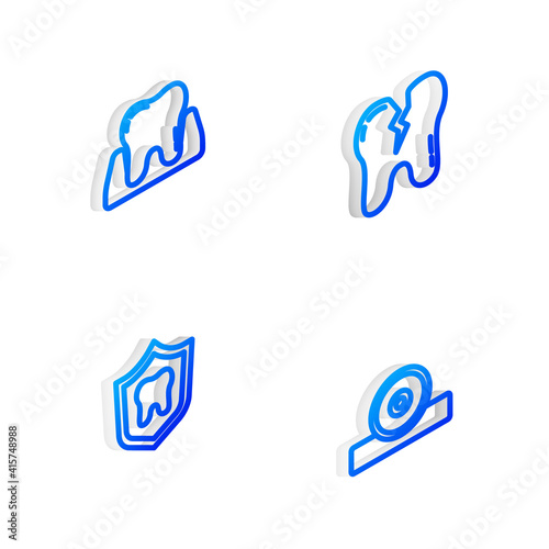 Set Isometric line Broken tooth  Tooth  Dental protection and Otolaryngological head reflector icon. Vector.