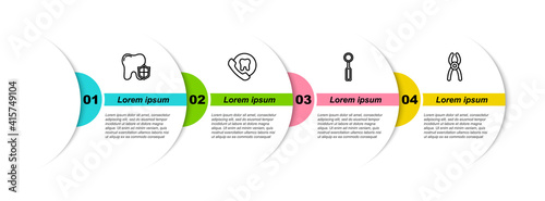 Set line Dental protection, Online dental care, inspection mirror and pliers. Business infographic template. Vector.