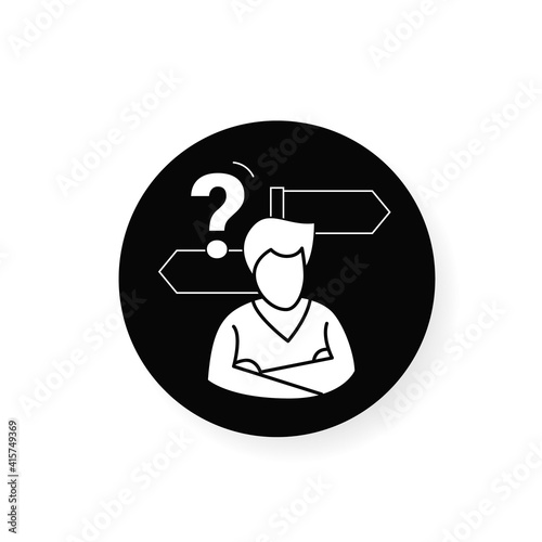 Decision making flat icon. Person avatar with two road signs and question linear filled flat sign. Concept of mind concentration difficulties, deciding trouble. Isolated vector illustration
