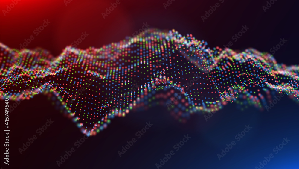 Abstract blue,red,yellow particles background. Flow wave with dot landscape. Digital data structure. Future mesh or sound grid. Pattern point visualization. Technology vector illustration.