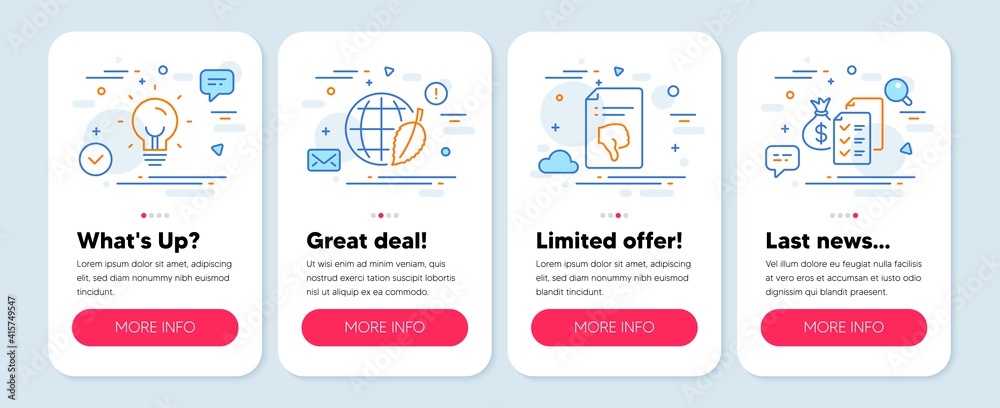 Set of Technology icons, such as Environment day, Energy, Thumb down symbols. Mobile app mockup banners. Accounting wealth line icons. Safe world, Lightbulb, Decline file. Audit report. Vector