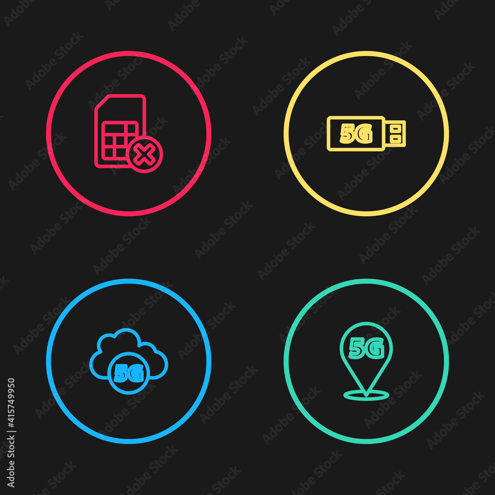 Set line Cloud 5G network, Location, modem and Sim card rejected icon. Vector. Set line Cloud 5G network, Location, modem and Sim card rejected icon. Vector.