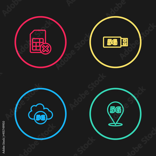 Set line Cloud 5G network, Location, modem and Sim card rejected icon. Vector.