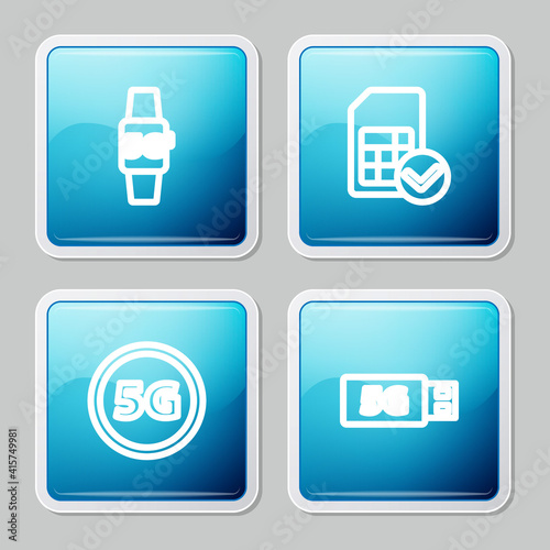 Set line Smart watch 5G network, Sim card, and modem icon. Vector.