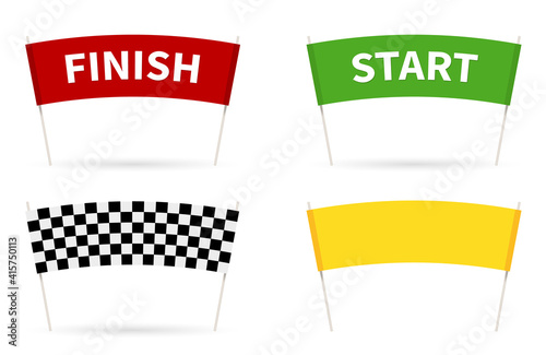 Flag Start. Flag finish for the competition. streamers of Start and Finish in flat style. 4 different colors of a finish line. vector illustration isolated on white.
