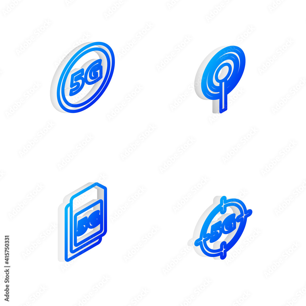 Set Isometric line Antenna, 5G network, Sim Card and icon. Vector. Set Isometric line Antenna, 5G network, Sim Card and icon. Vector.