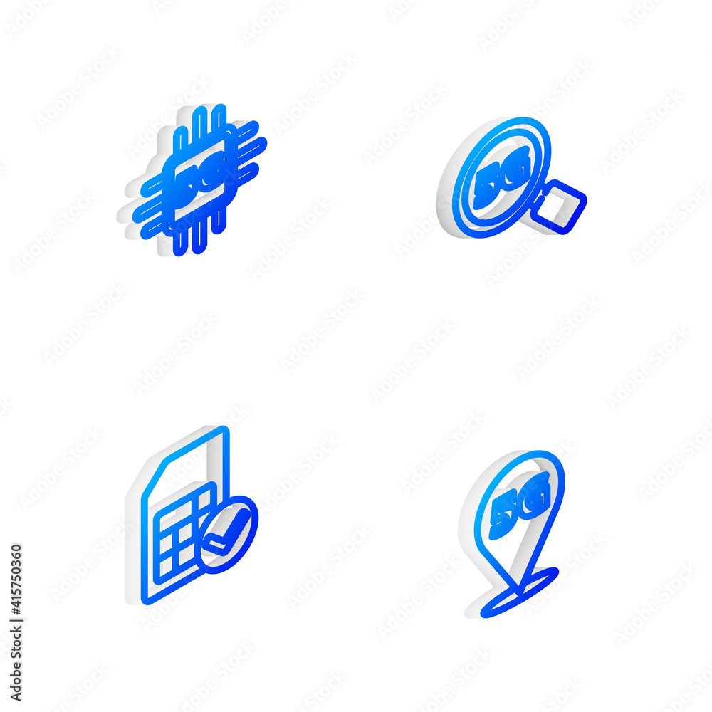 Set Isometric line Search 5G network, Processor, Sim card and Location icon. Vector. Set Isometric line Search 5G network, Processor, Sim card and Location icon. Vector.