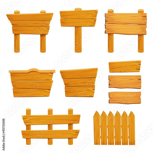 Set wooden elements fence, plywood planks, banner, empty signboard textured in cartoon style isolated on white background. Template assets ui game. Collection frames, button. 