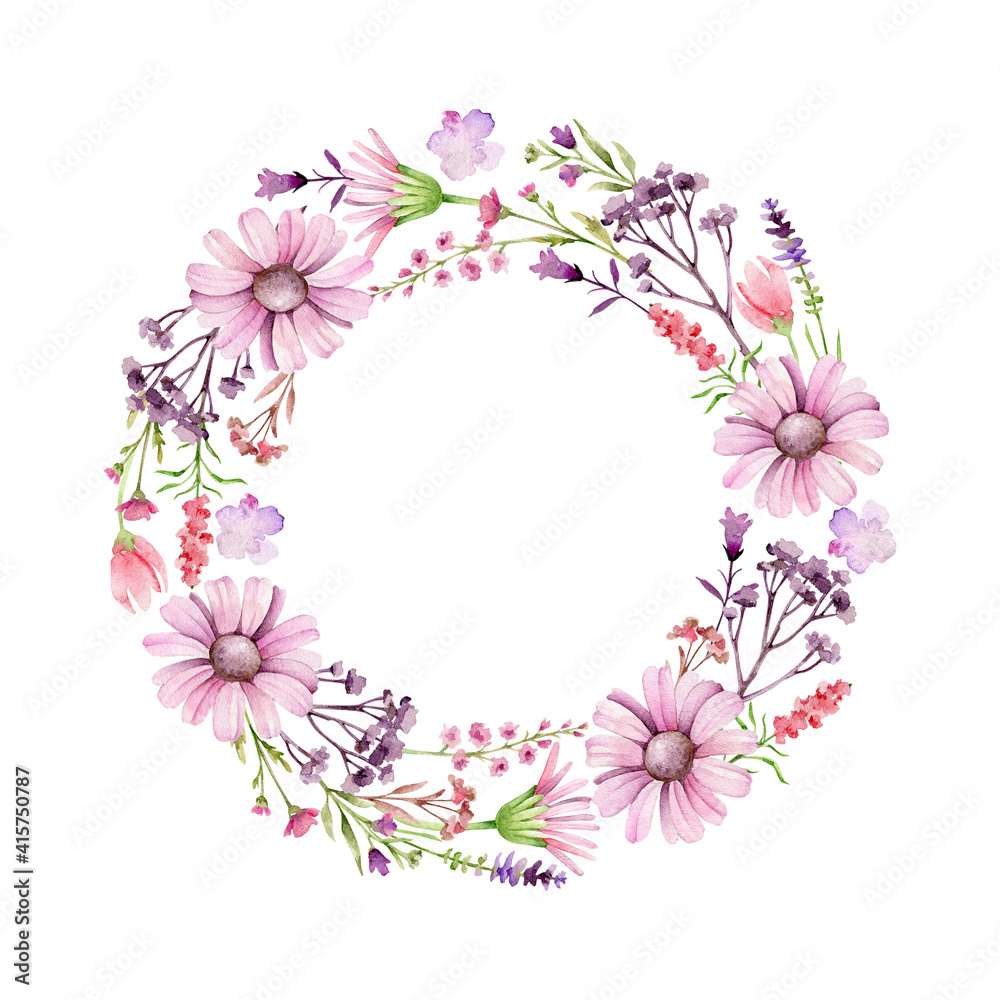 Round frame with flowers.Herbal wreath.Romantic wildflowers wreath
