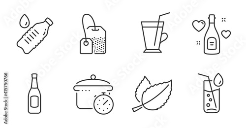 Water bottle, Water glass and Love champagne line icons set. Coffee cup, Tea bag and Boiling pan signs. Beer, Mint leaves symbols. Still drink, Soda drink, Valentines day. Food and drink set. Vector
