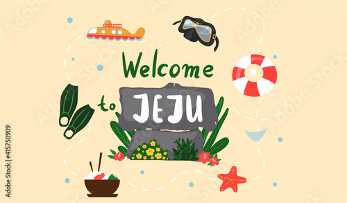 Welcome to Jeju island in South Korea, traditional landmarks, symbols, popular place for visiting tourists, jeju green tropical island with water travel. Korean land with traditional attractions