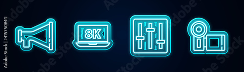 Set line Megaphone, Laptop with 8k, Sound mixer controller and Cinema camera. Glowing neon icon. Vector.