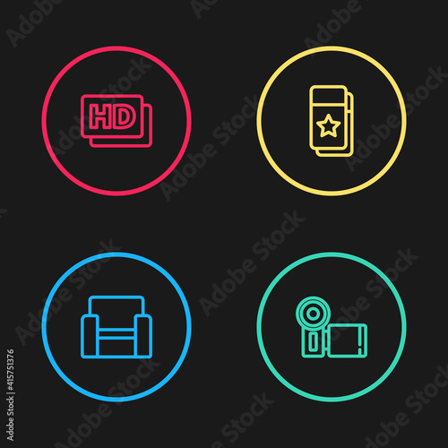 Set line Cinema chair, camera, ticket and Hd movie, tape, frame icon. Vector.