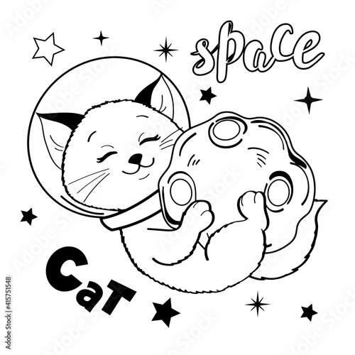 A cat in space plays with a planet. Children's coloring on a white background isolated. Linear drawing vector illustration