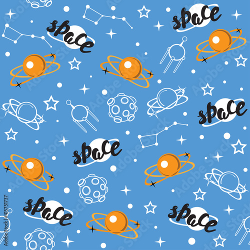 Cosmic planets, stars and the inscription Cosmos on a blue background. Vector illustration seamless pattern