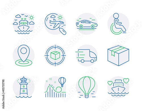 Transportation icons set. Included icon as Air balloon, Disabled, Search flight signs. Parcel tracking, Location, Roller coaster symbols. Lighthouse, Parcel, Car. Ship travel line icons. Vector