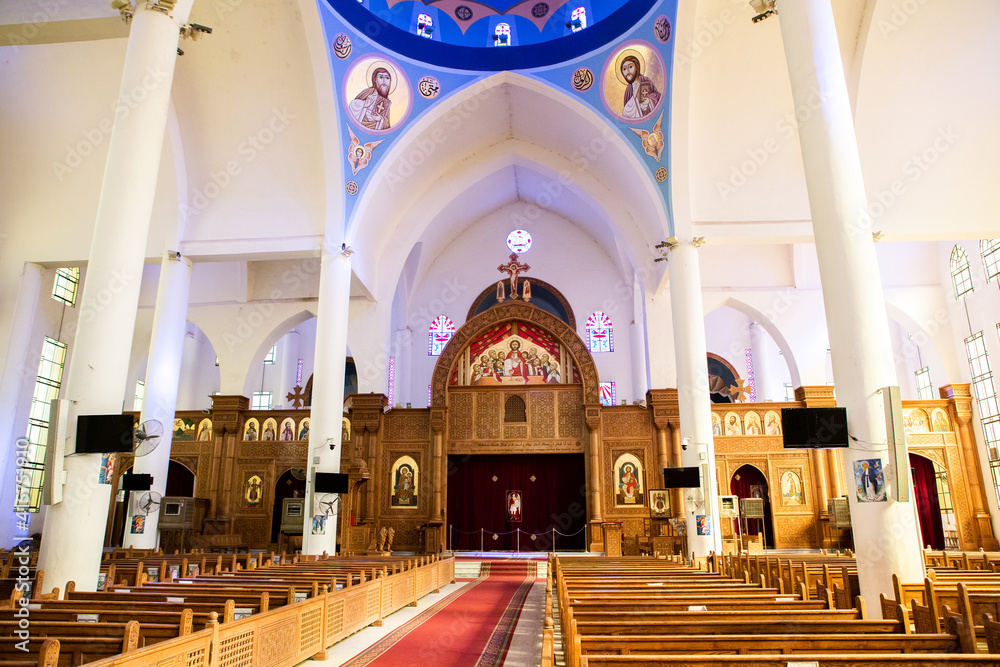 Interior of Coptic Orthodox Cathedral in Aswan, Egypt. Interior of christian Church. Holy place