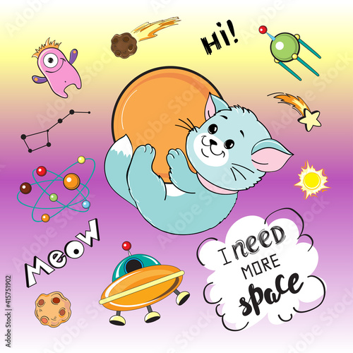 Funny space cat and planets. Vector cartoon illustration