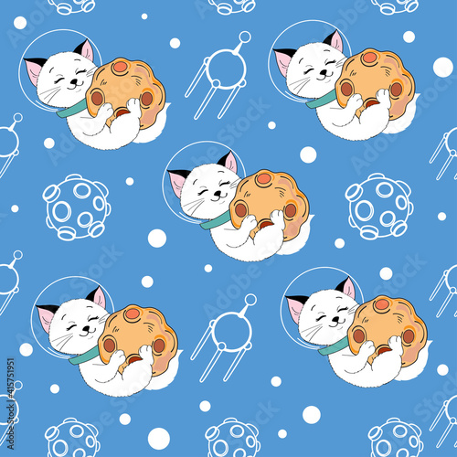 Funny space cat and white silhouette planets. Vector cartoon illustration on a blue background seamless pattern for children