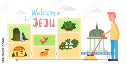 Jeju island sights advertising poster. Travel to South korea. Welcome to Jeju. Vacation in Asia. Banner traditional landmarks, symbols, popular place for visiting tourists at green tropical island photo