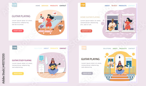Set of illustrations with people make music on stringed instrument. Website guitar playing. Guitarists with musical instruments create melodies. Characters perform with acoustic guitar at home