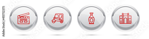 Set line Bollywood indian cinema, Taxi tuk tuk, Indian vase and Gate Delhi. Silver circle button. Vector.