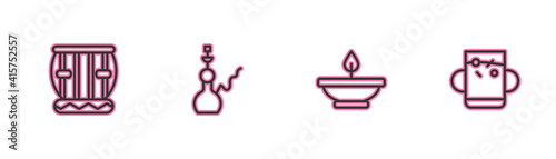 Set line Instrument tabla, Aroma lamp, Hookah and Cup of tea and leaf icon. Vector.