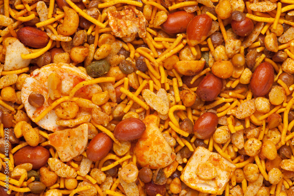 Hot spicy NavRatan mixture snacks in fullframe, made with, potato