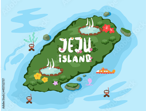 Welcome to Jeju island in South Korea, traditional landmarks, symbols, popular place for visiting tourists, jeju green tropical island with water travel. Korean land with traditional attractions photo