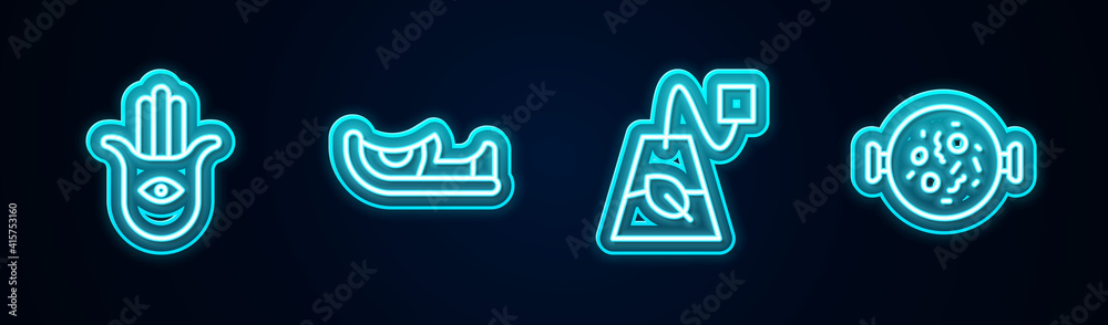 Set line Hamsa hand, Indian shoes, Tea bag and Chicken tikka masala. Glowing neon icon. Vector. Set line Hamsa hand, Indian shoes, Tea bag and Chicken tikka masala. Glowing neon icon. Vector.