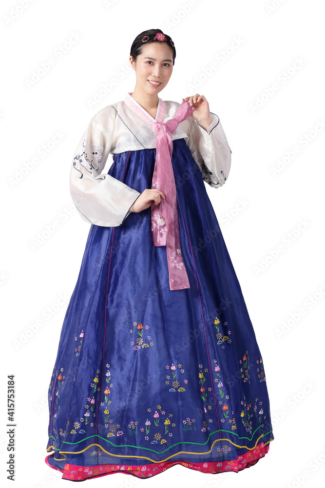 A beautiful Asian woman wearing hanbok is the national dress of Korea. White background. isolated. Clipping path A beautiful Asian woman wearing hanbok is the national dress of Korea. White background. isolated. Clipping path