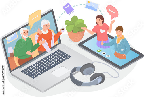Video call with grandparents. Online family chat concept. Children talking with their elderly parents via computer from home. Couple speaking with people online from distance. Modern communications