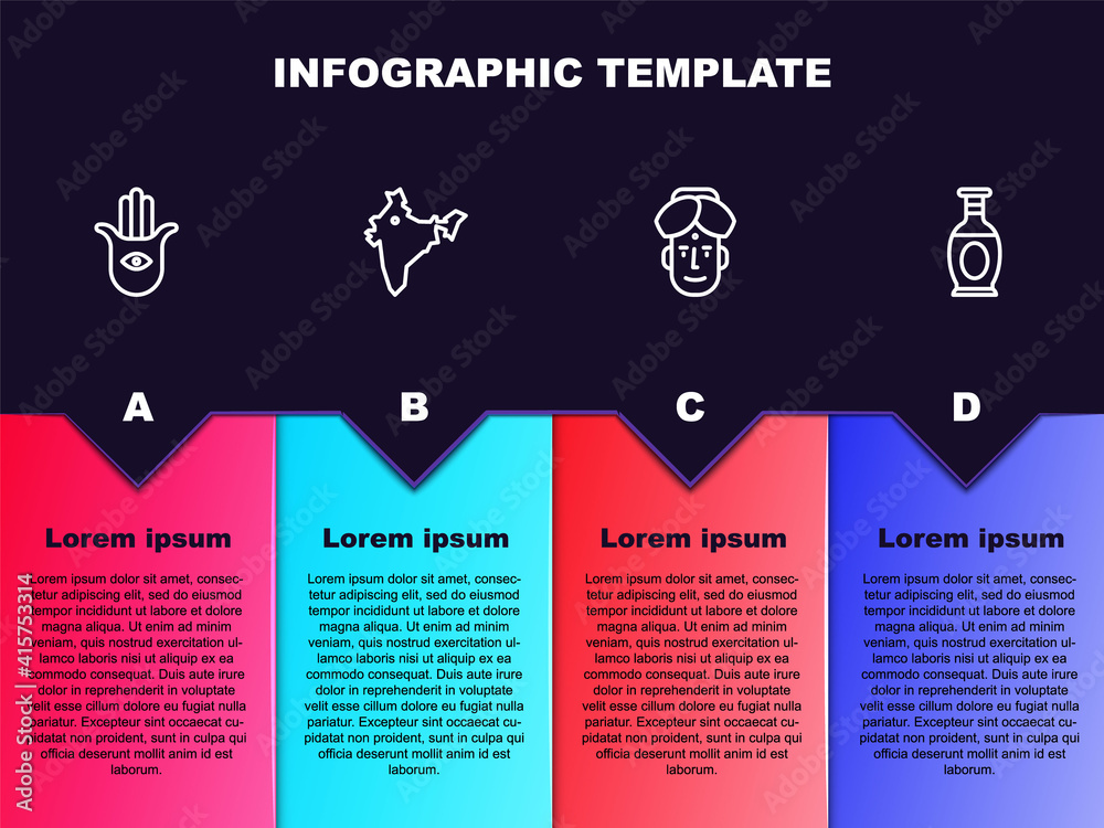 Set line Hamsa hand, India map, Indian man and vase. Business infographic template. Vector. Set line Hamsa hand, India map, Indian man and vase. Business infographic template. Vector.